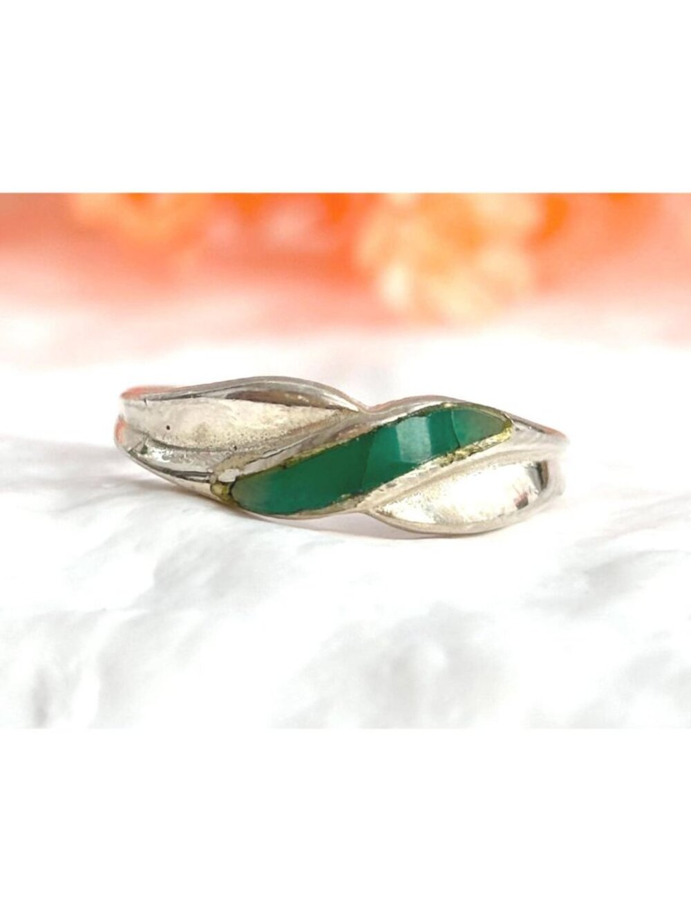 Natural Malachite Inlaid Stone Woven SW Sterling Silver 925 Vintage Ring - sz 7